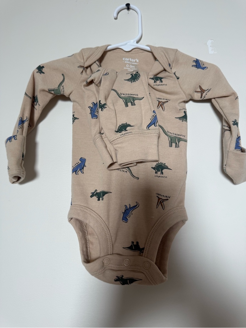 Carter's Beige Dinosaur Long-Sleeve One-Piece Bodysuit and Pants